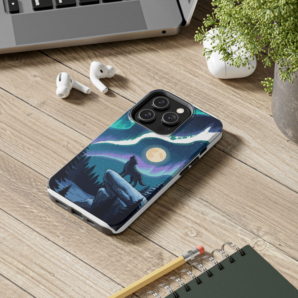 Retro Pixel Lone Wolf and the Aurora — Tough Phone Case