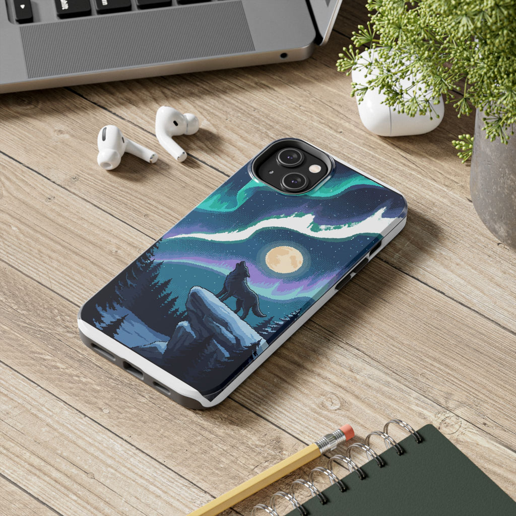 Retro Pixel Lone Wolf and the Aurora — Tough Phone Case