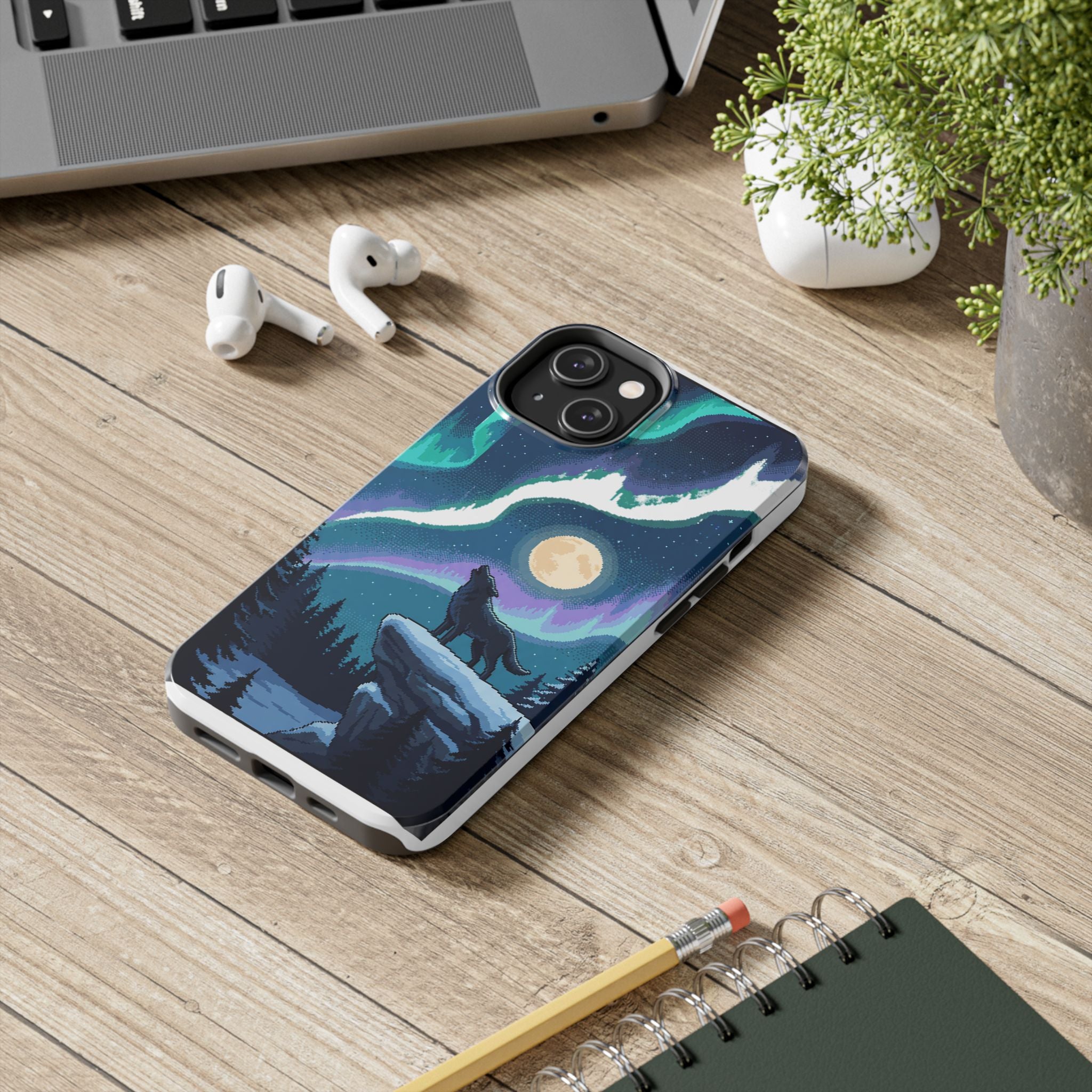 Retro Pixel Lone Wolf and the Aurora — Tough Phone Case