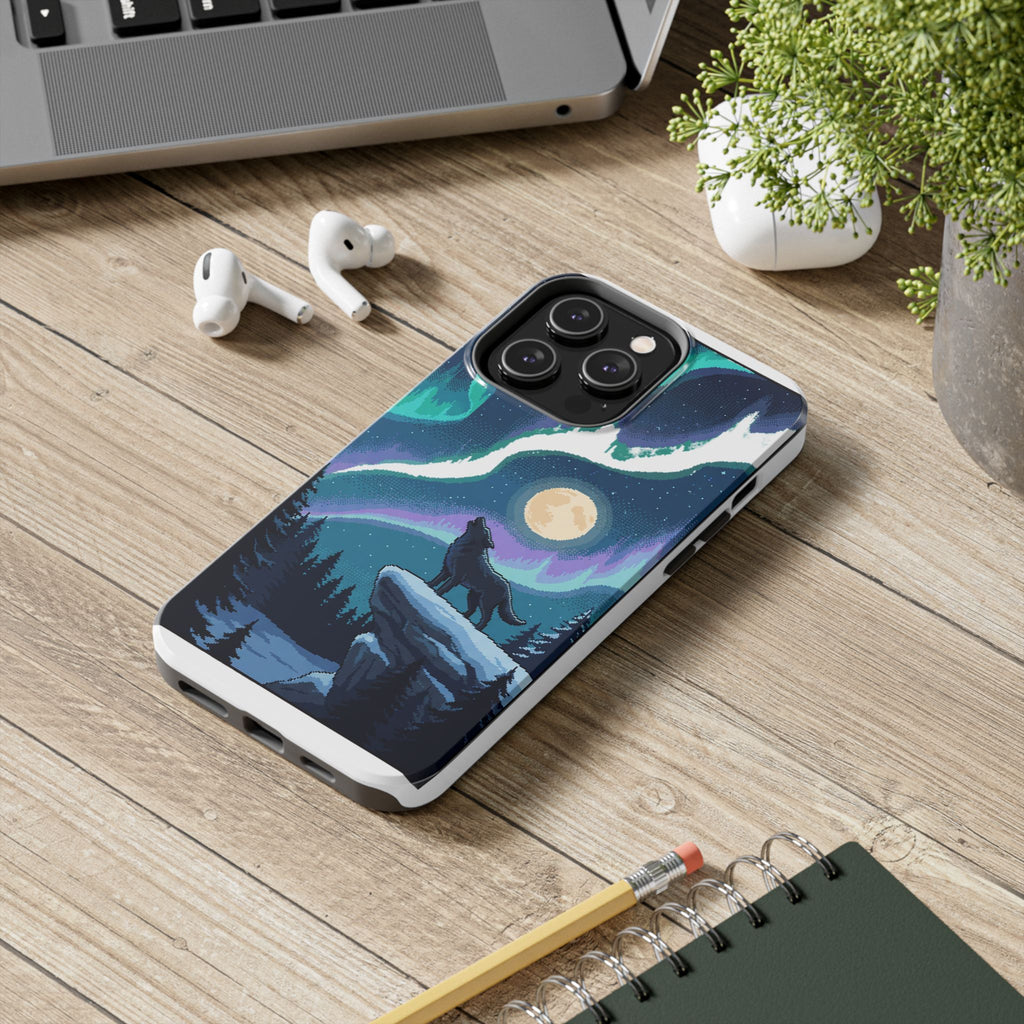 Retro Pixel Lone Wolf and the Aurora — Tough Phone Case