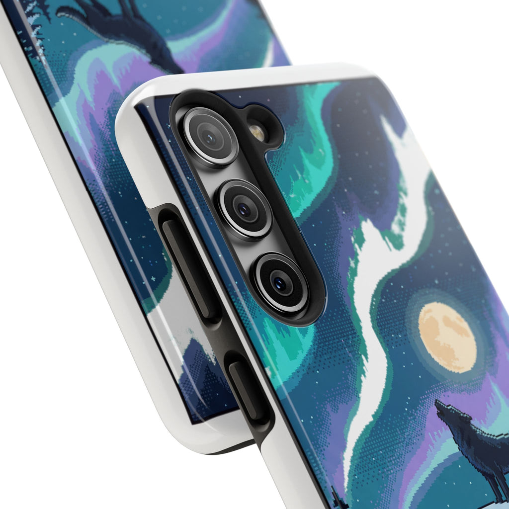 Retro Pixel Lone Wolf and the Aurora — Tough Phone Case