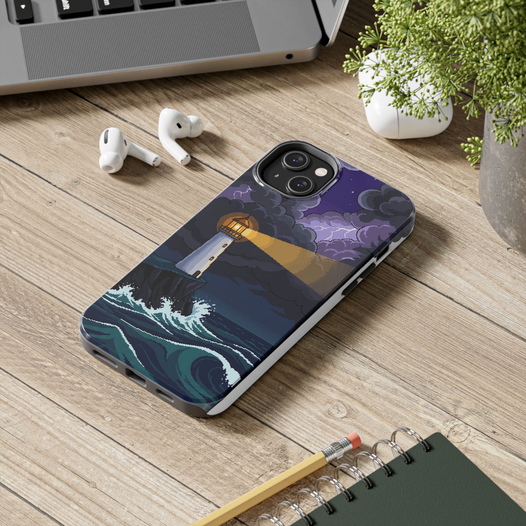 Retro Pixel Lighthouse in the Storm — Tough Phone Case